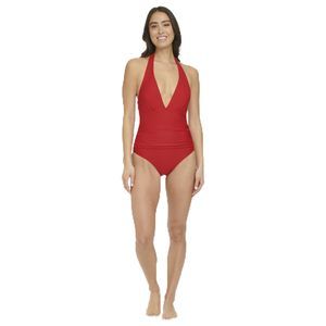 Tommy Hilfiger Womens One Piece Ribbed Plunge Swimsuit Scarlet Size 10 NWT